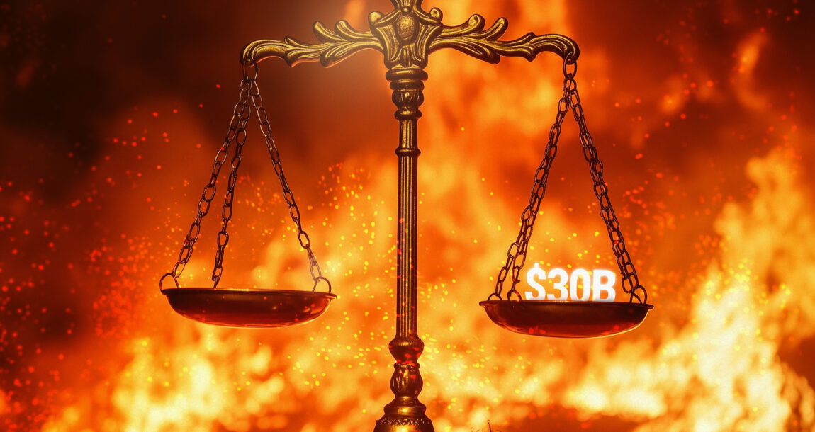 Photo illustration showing scales with one side holding $30 Billion against a backdrop of a raging fire. Are-the-30B-LA-fires-a-tipping-point-for-the-Calif-insurance-market.