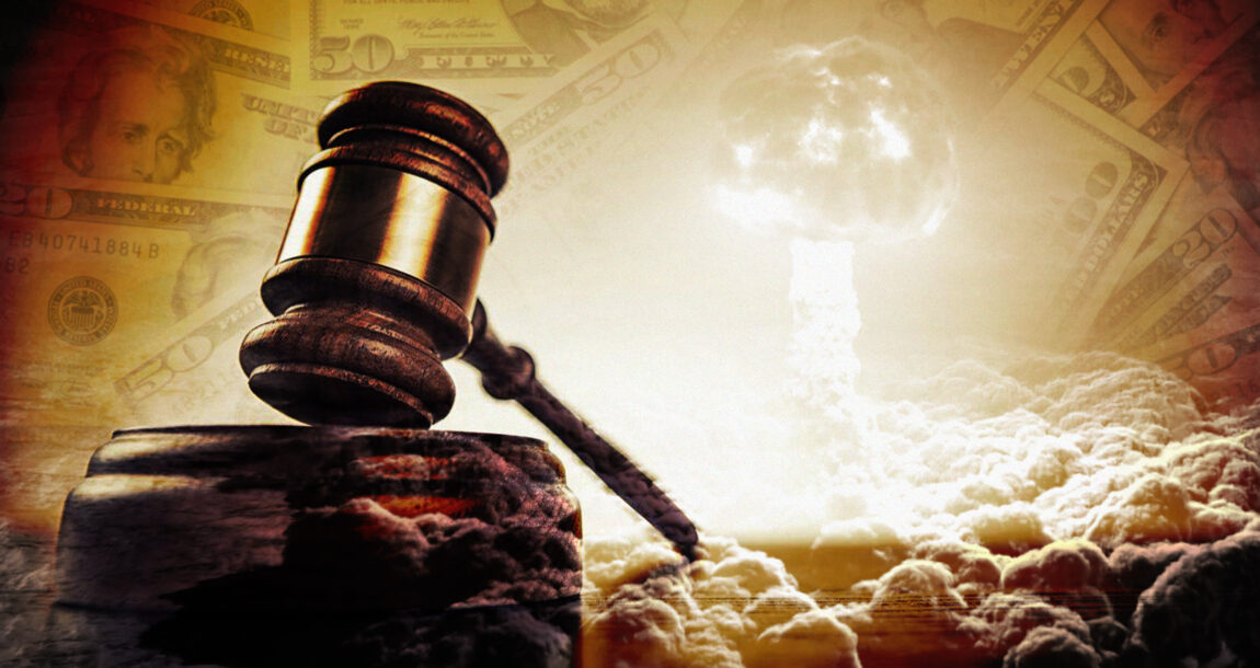 Image of a judge's gavel in the foreground, with a nuclear explosion in the background. Brother-sister-duo-develops-new-software-to-alert-insurers-to-nuclear-verdicts.