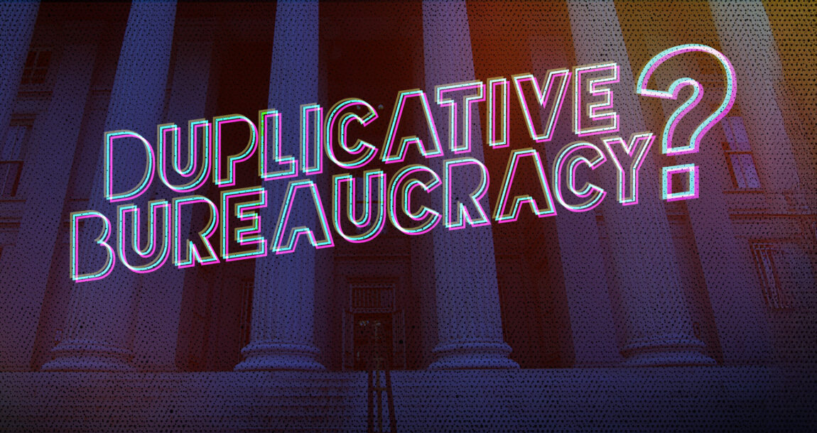 The words "Duplicative Bureaucracy?" overlay a federal building representing the Federal Insurance Office. Called ‘duplicative bureaucracy,’ Federal Insurance Office is targeted.