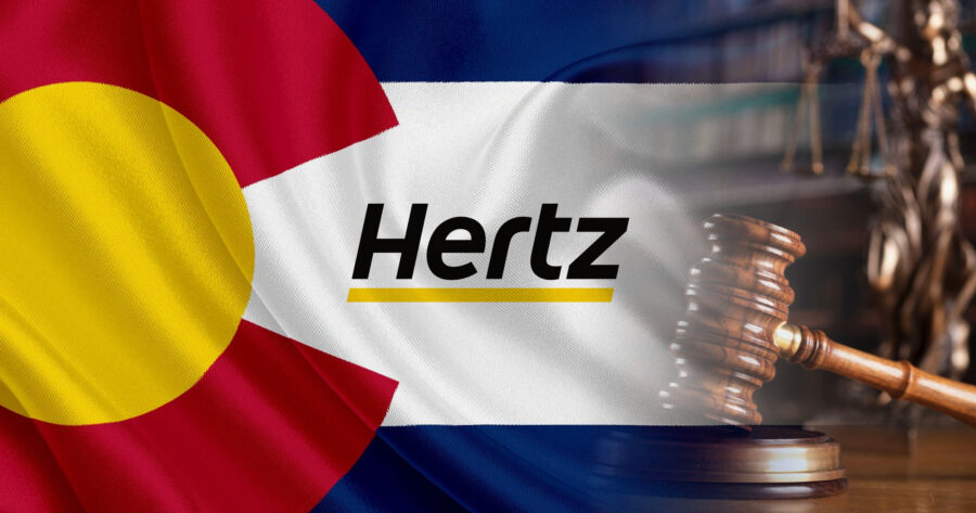 Image of the Hertz flag with a gavel banging in the foreground. Colo.-lawsuit-Does-Hertz-qualify-as-an-insurer.