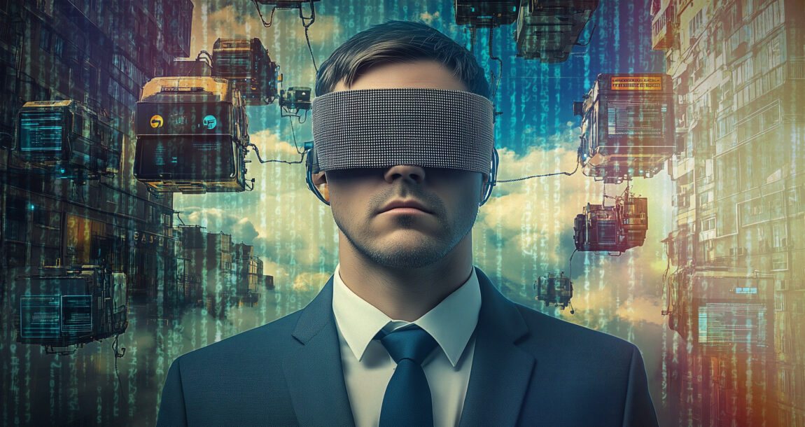 Person dressed in business attire and blindfolded, with a background of AI technology and symbols. Could-a-lack-of-vision-be-key-to-an-AI-readiness-gap-in-insurance.