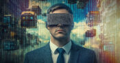 Person dressed in business attire and blindfolded, with a background of AI technology and symbols. Could-a-lack-of-vision-be-key-to-an-AI-readiness-gap-in-insurance.