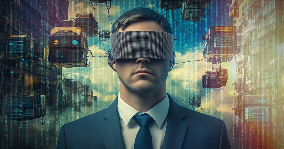 Person dressed in business attire and blindfolded, with a background of AI technology and symbols. Could-a-lack-of-vision-be-key-to-an-AI-readiness-gap-in-insurance.