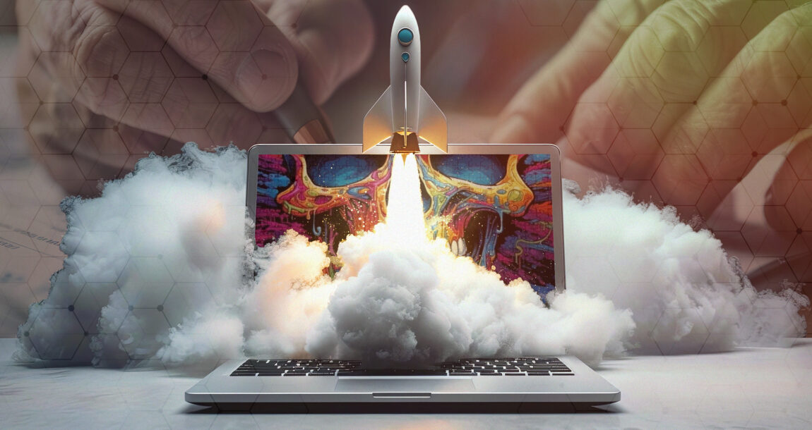 illustration showing a rocket ship launching out of an open laptop, with plumes of smoke erupting. Disability-claims-skyrocket-raising-new-puzzle-alongside-excess-mortality.