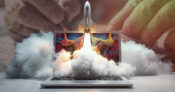 illustration showing a rocket ship launching out of an open laptop, with plumes of smoke erupting. Disability-claims-skyrocket-raising-new-puzzle-alongside-excess-mortality.