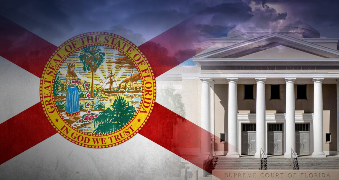 Image shows the Florida flag and a court building