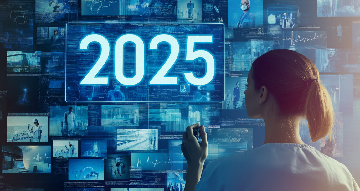 A person looks through a large number of images showing medical personnel and processes, with the year 2025 overlapping the image. Health-care-impacted-by-cybersecurity-regulation-and-AI-in-2025.