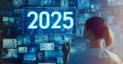 A person looks through a large number of images showing medical personnel and processes, with the year 2025 overlapping the image. Health-care-impacted-by-cybersecurity-regulation-and-AI-in-2025.