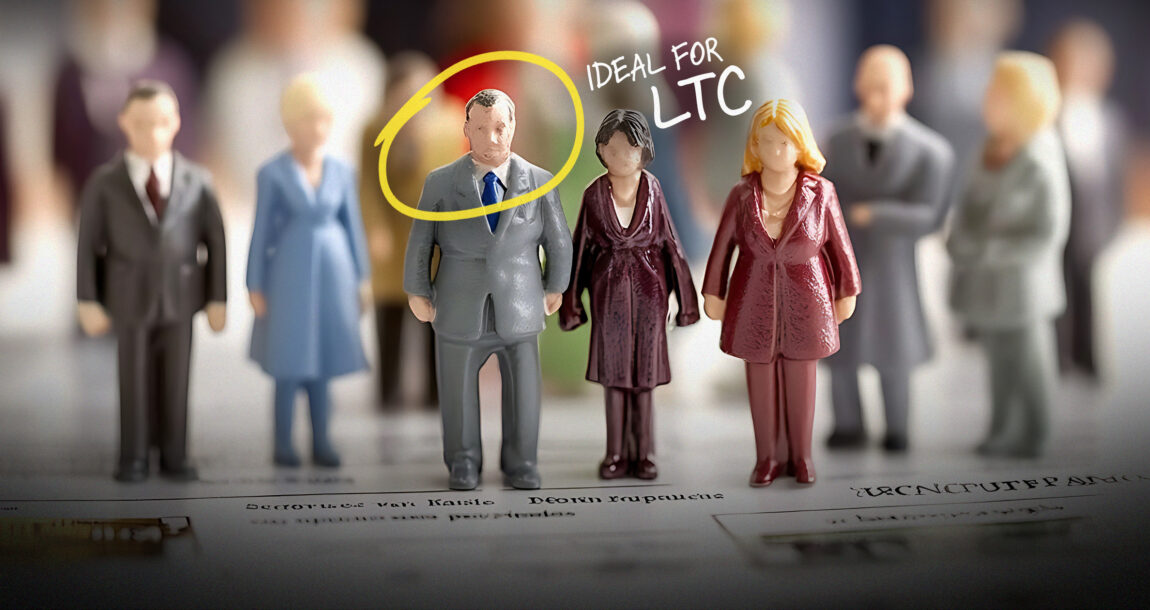 Illustration showing a small crowd of consumers as tiny figurines, with one of them circled in yellow accompanied by the words "Ideal for LTC." How-to-identify-ideal-prospects-for-long-term-care-insurance.