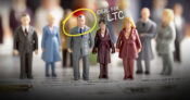 Illustration showing a small crowd of consumers as tiny figurines, with one of them circled in yellow accompanied by the words "Ideal for LTC." How-to-identify-ideal-prospects-for-long-term-care-insurance.