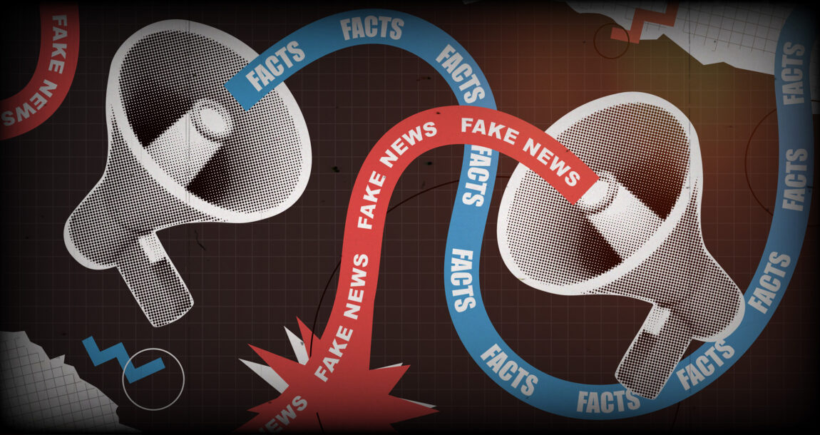 Illustration showing one bullhorn with "Facts" spewing out, while another bullhorn has "Fake News" spewing. Insurers-cite-misinformation-as-top-risk.