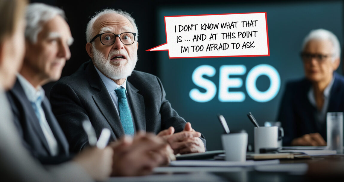 Image of several RIA sitting around a table, with one saying, "SEO: I don't know what that is, and at this point, I'm afraid to ask." Is-technophobia-costing-RIAs-millions-in-passive-SEO-leads.