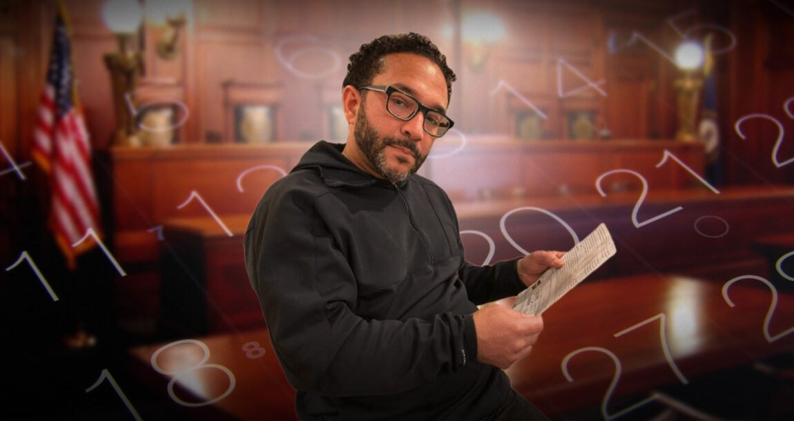 Image shows Emmanuel Hostin and a courtroom background.