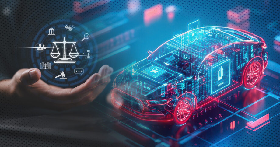 Illustration of the many computerized part of an automobile and the scales of justice. Lawsuits-target-use-of-driver-data-by-insurers-automakers.