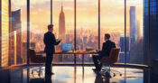 Illustration showing a financial advisor meeting with a wealthy client in a expensive NY financial building overlooking the skyline. Most-affluent-investors-prefer-a-single-financial-services-provider.