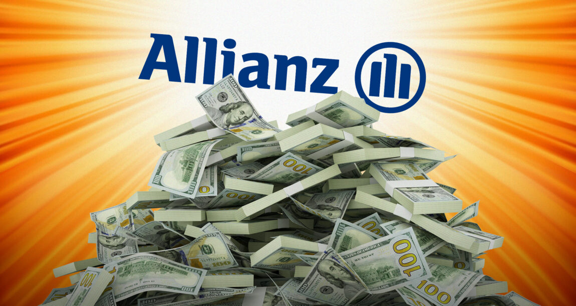 Image shows a pile of money and the Allianz logo