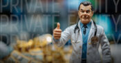 Small plastic figure of a doctor with a thumbs up sign, with the words "private equity" in the background. Private-equity-put-profits-over-patients-Senate-panel-says.