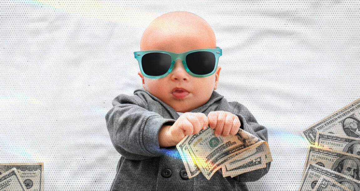 Image shows a baby and money