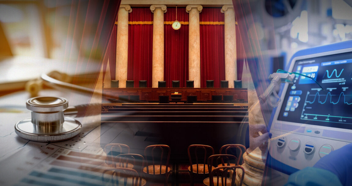 Image of medical equipment against the backdrop of the U.S. Supreme Court building. Supreme-Court-will-hear-challenge-to-ACA-preventive-care-mandate.