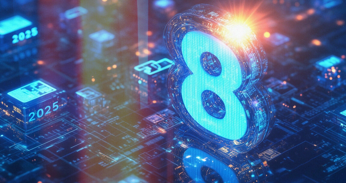 Photo illustration of the numeral 8 amid a cluster of technology, with one circuit labeled "2025." 8-trends-that-will-impact-insurance-in-2025.