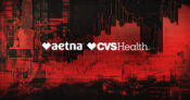 Illustration showing abstract medical complex in the background with the logos for Aetna and CVS Health overlaying the image.