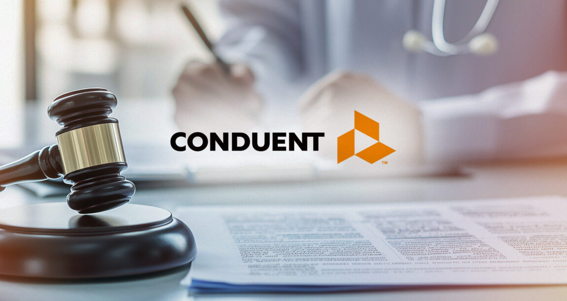 Judge's gavel on a desk withe the Conduent logo overlapping the image. Conduent-State-Healthcare-ruling-sets-stage-for-retrial (1).