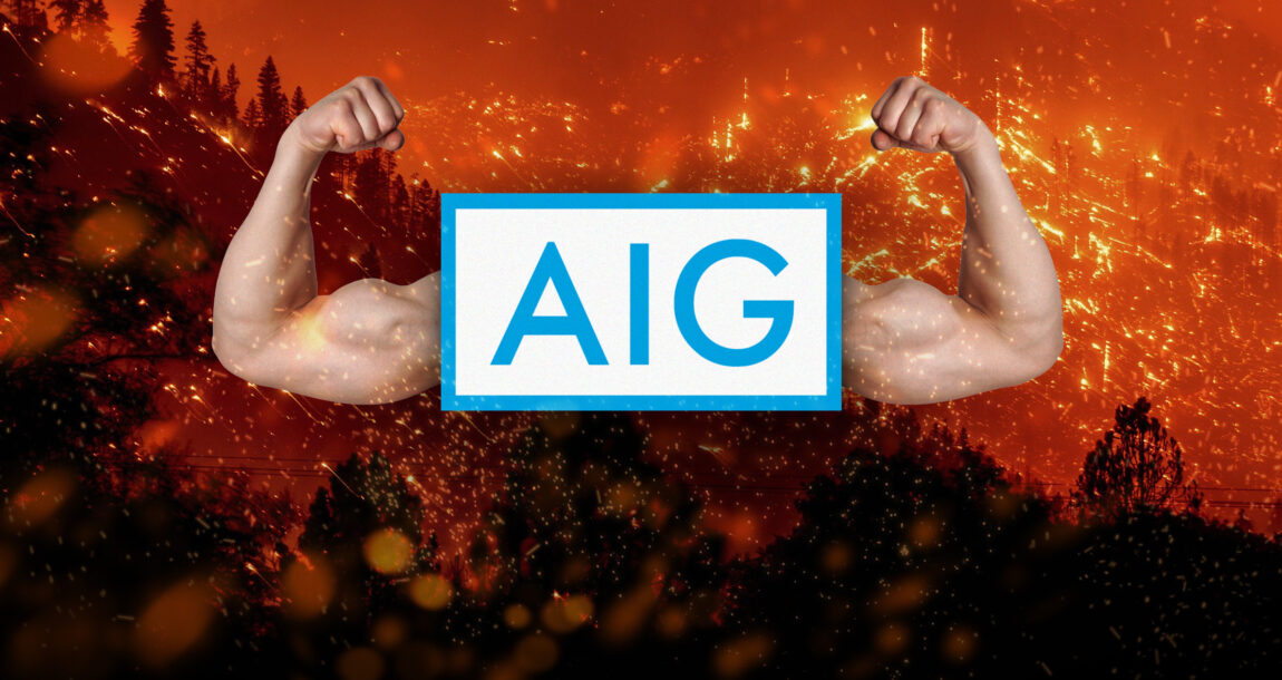 Image showing Calif. wildfires in the background, with the AIG logo with powerful arms flexing muscles. Despite-$500M-wildfire-loss-AIG-reports-strong-Q4-2024-earnings.