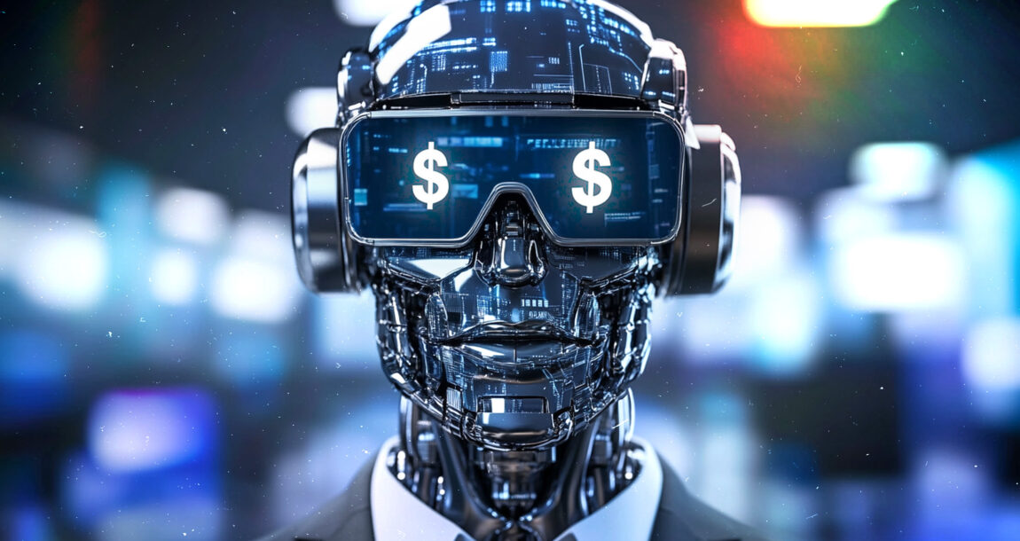 Illustration of a robotic insurance agent with dollar signs in his googles. First-AI-insurance-broker-targets-coverage-gaps-aiding-agents