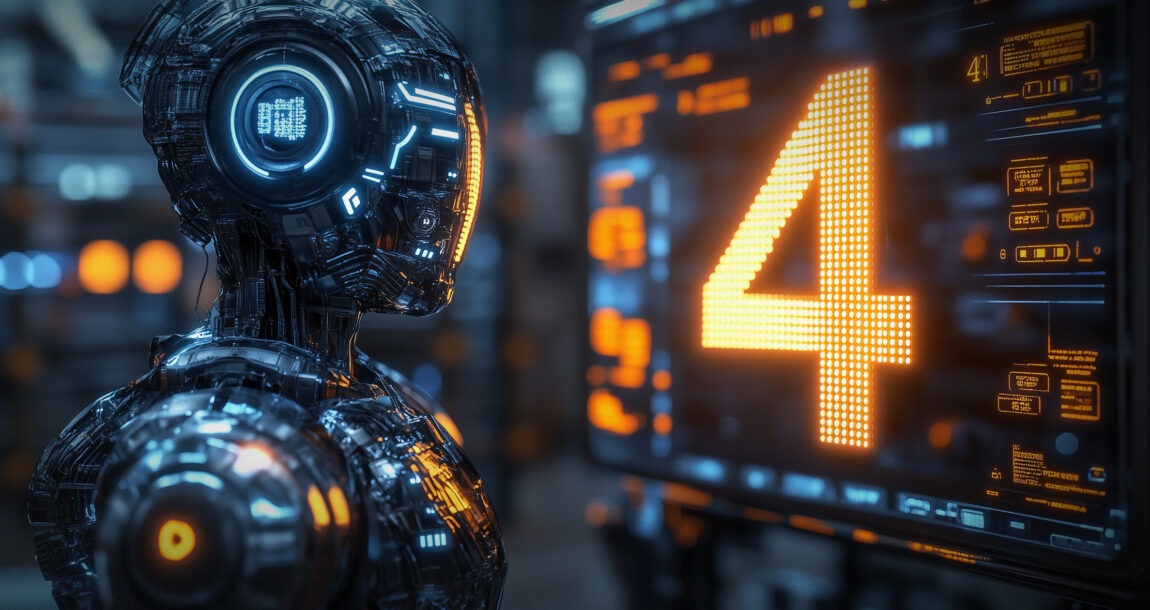 Image of a robot looking at a technical panel with a large "4" displayed in the middle. Four-of-the-biggest-ethical-challenges-when-using-AI-in-insurance.