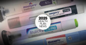 Illustration shows Ozempic-class drugs with "2025 Health Plan News" overlaying the image. Health-plans-facing-GLP-1-coverage-and-AI-adoption-in-2025.