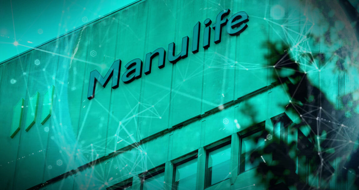 Image of a Manulife office building overlapped with symbols and icons representing AI and other technologies.