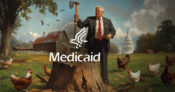 Image of an older man holding an axe, poised above a chopping block that is labeled Medicaid. Medicaid-on-the-chopping-block-as-Republicans-release-budget-2