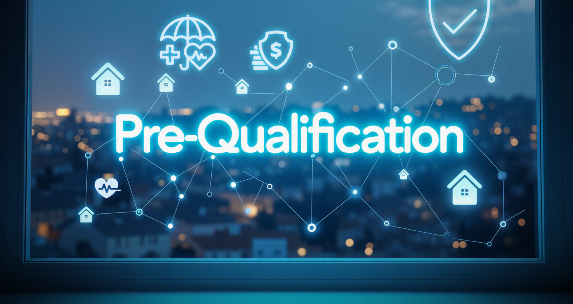 Illustration of AI-like technology symbols with the word "Pre-Qualification" overlaying the image. Newly-patented-AI-insurance-pre-qualification-tool-goes-a-step-further.