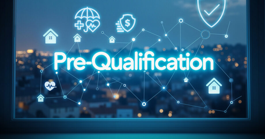 Illustration of AI-like technology symbols with the word "Pre-Qualification" overlaying the image. Newly-patented-AI-insurance-pre-qualification-tool-goes-a-step-further.