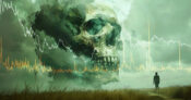 Image of a dark, cloudy sky with a large skull along with fever lines show rises and falls in mortality. While-US-mortality-spike-normalizes-troubling-signs-continue.