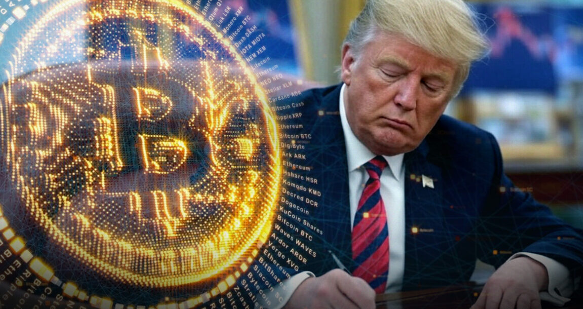 Image shows Trump and a bitcoin image.