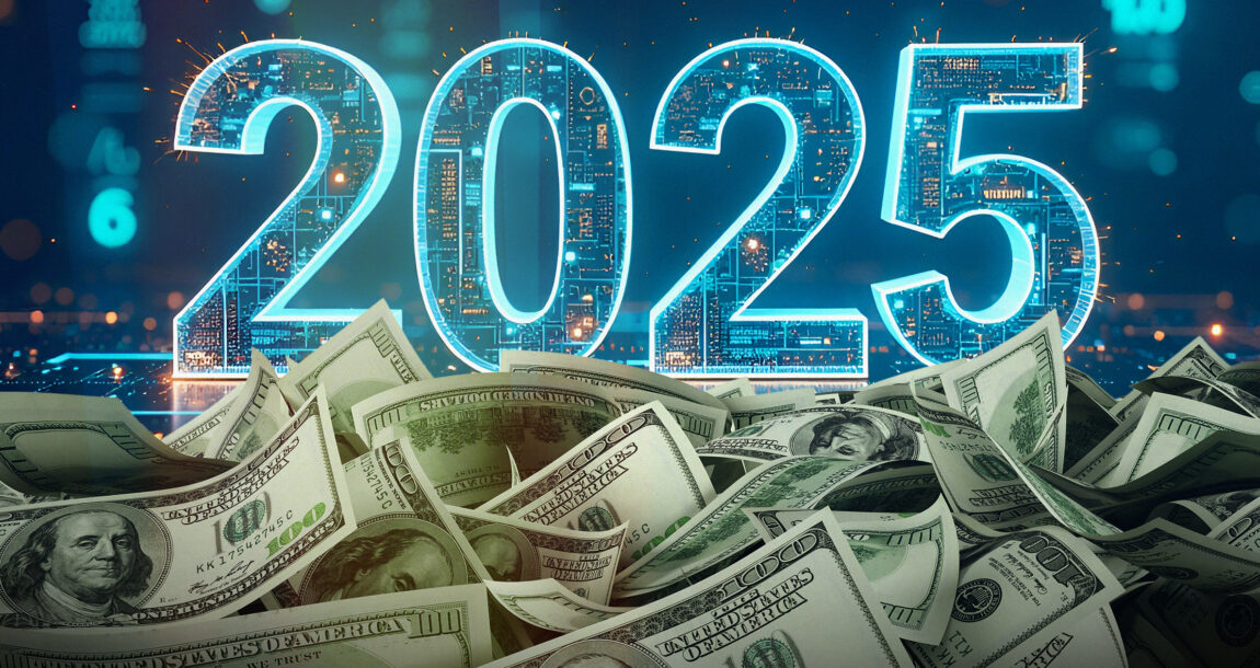 Photo illustration showing the year 2025 against a backdrop of a pile of cash. Study polls insurers on strategies, investments for 2025.