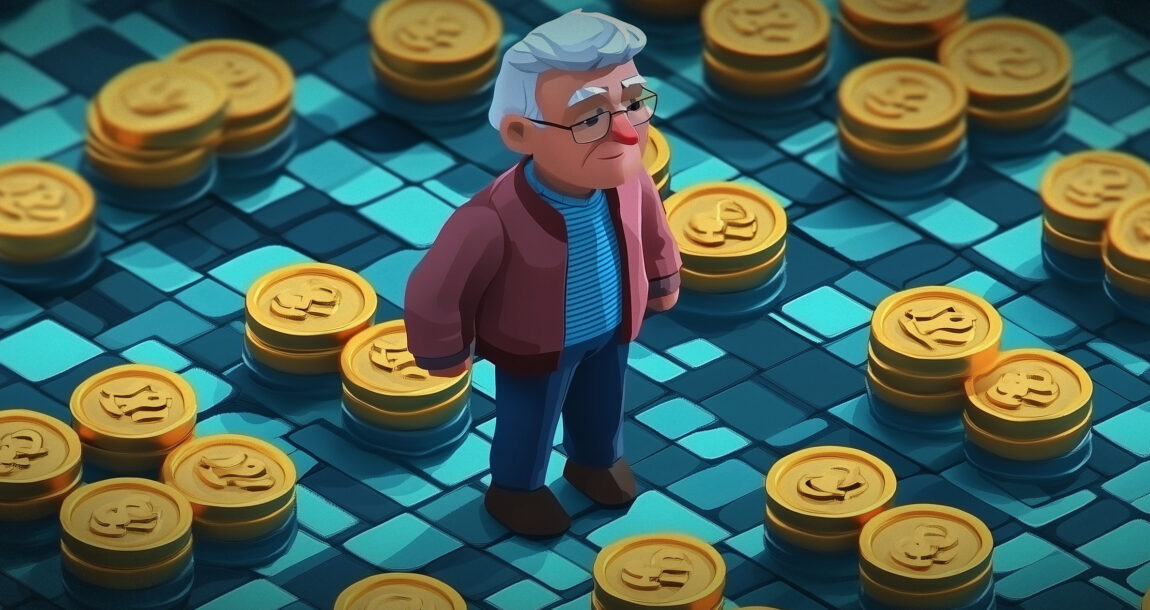 Image shows a cartoon man on a board with coins.