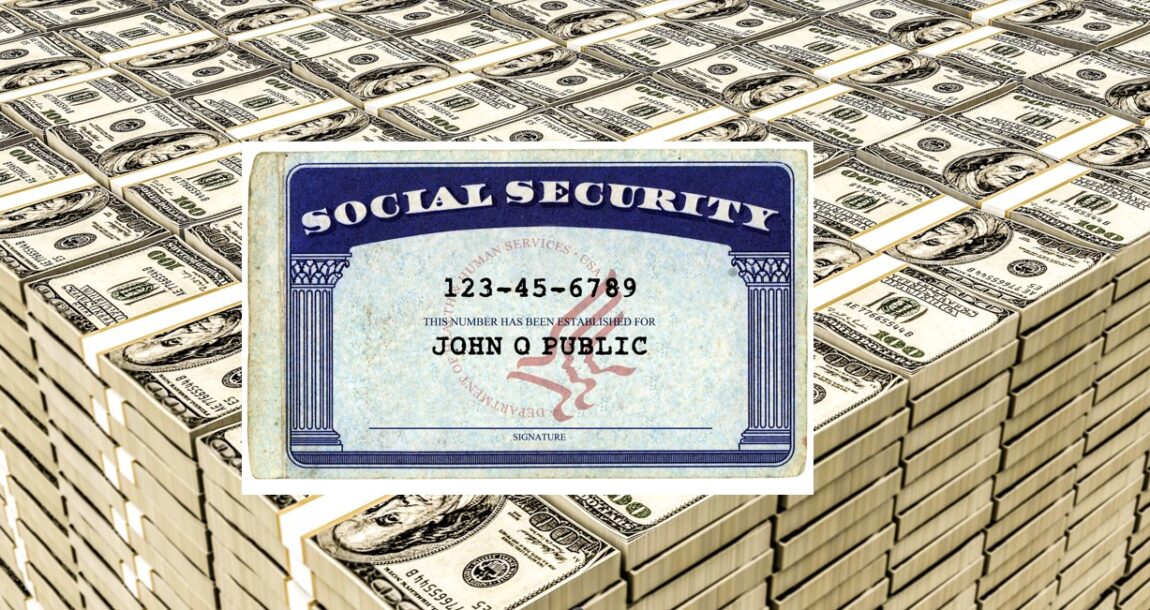 Image of stacks of money with a Social Security card overlaying the image. Social Security retroactive payments go out to more than 1M.