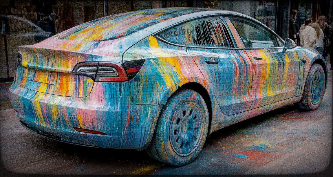 Image of a vandalized Tesla automobile. Vandalism-may-drive-up-insurance-costs-for-Teslas.