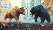 Illustration of a bull and a bear squaring off on Wall Street. Market volatility and its impact on FIA participation rates.