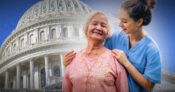 Image of a senior citizen and her caregiver in front of the U.S. Capitol Building. Caregiving-and-an-aging-population-How-can-government-help.