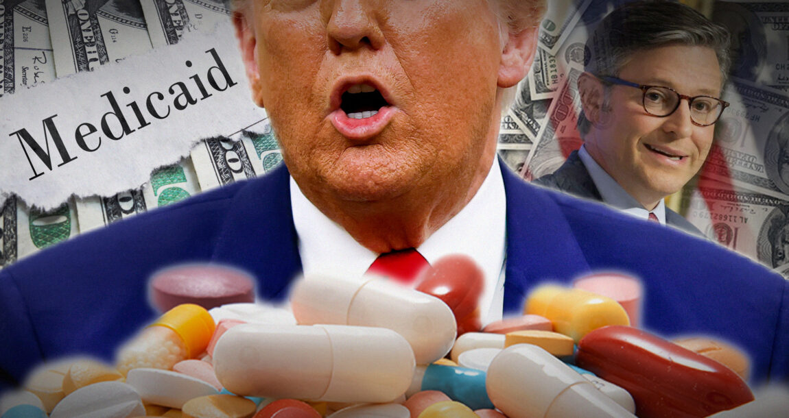 Image of President Trump speaking with the House Speaker behind him and a pile of prescription drugs in front of him. Medicaid-cuts,-prescription-drugs-among-issues-during-first-100-days-of-Trump-administration.