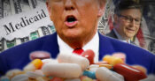 Image of President Trump speaking with the House Speaker behind him and a pile of prescription drugs in front of him. Medicaid-cuts,-prescription-drugs-among-issues-during-first-100-days-of-Trump-administration.