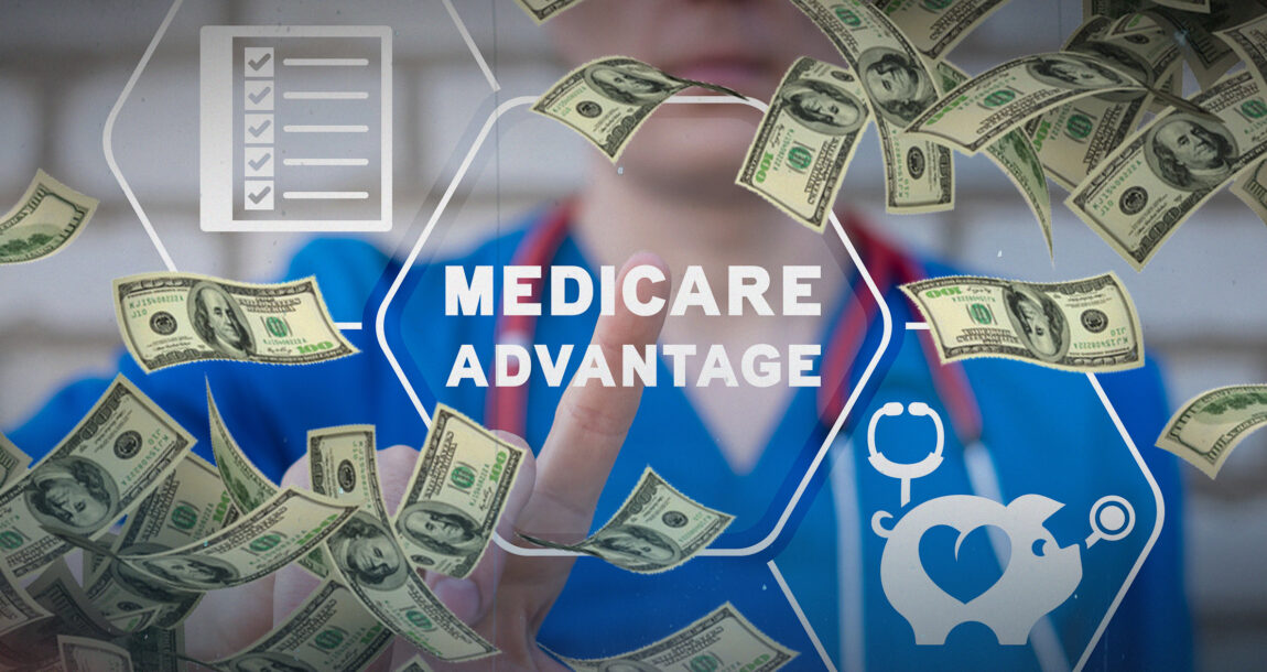 Icons and title Medicare Advantage with many dollar bills flying through the air. CMS increases MA broker compensation for 2026.