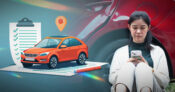 Illustration of a car with an insurance checklist beside it as a young woman scrolls through auto insurance competitors on her phone. Despite-auto-insurers-return-to-the-black-some-customers-unhappy.