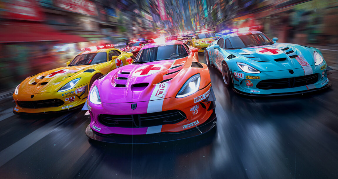 Phgto illustration showing a set of race cars speeding around a track, each having the medical red cross symbol on its hood. Health-plan-regulatory-changes-happening-fast-and-furious.