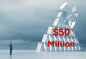 House of cards falling with the words "$50 Million" overlaying the image. N.Y. man charged in 'Eight Percent Fund' $50M ponzi scheme.