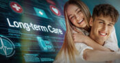 Image of young couple with the words "Long-term Care" in the background. Selling-long-term-care-insurance-to-younger-clients-and-prospects.