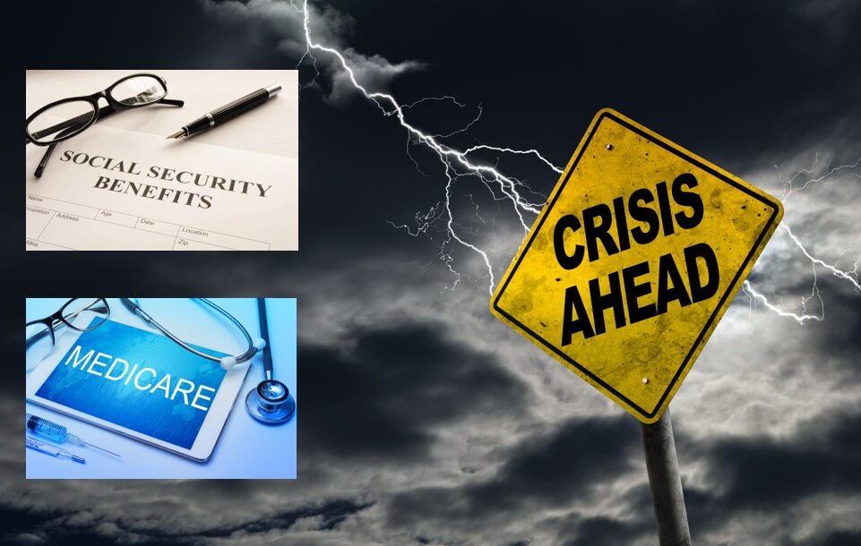 Sign saying "crisis ahead" with Social Security and Medicare logos.